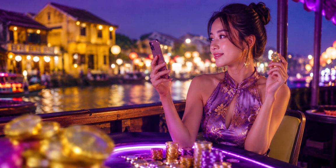 Không gian giải trí tại Hội An với ánh đèn neon, kết hợp trò chơi thể thao và giải trí trực tuyến